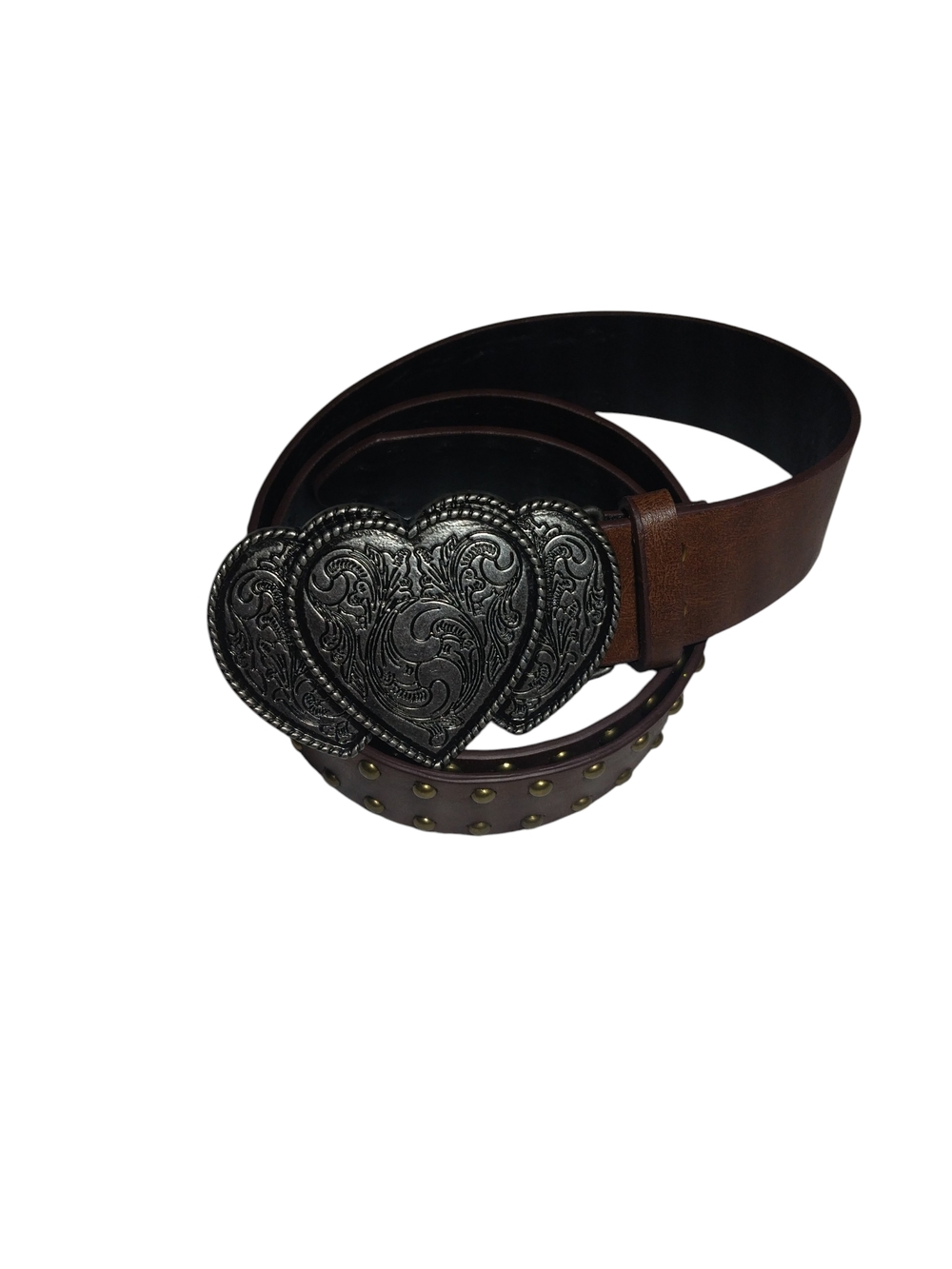Women's Brown Studded Leather Belt with Heart Buckle Y2K - Picture 3 of 4